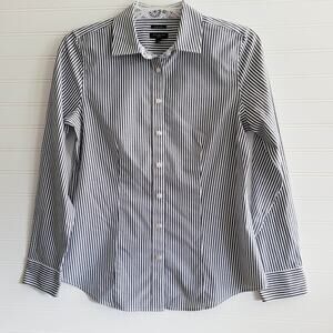 Talbots Petites Top Size 2P Gray White Stripe Preppy Career Stretch Cotton